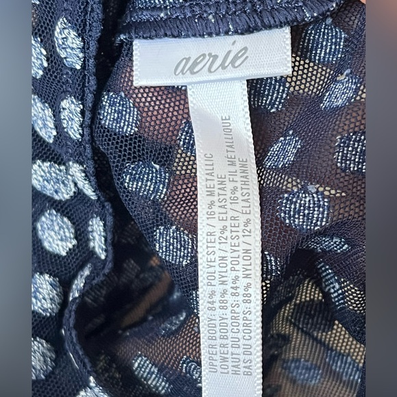 💙 NWOT New Aerie Blue Sheer Mesh Polka Dot Bodysuit Small Halter Tie Open Back - Picture 3 of 6